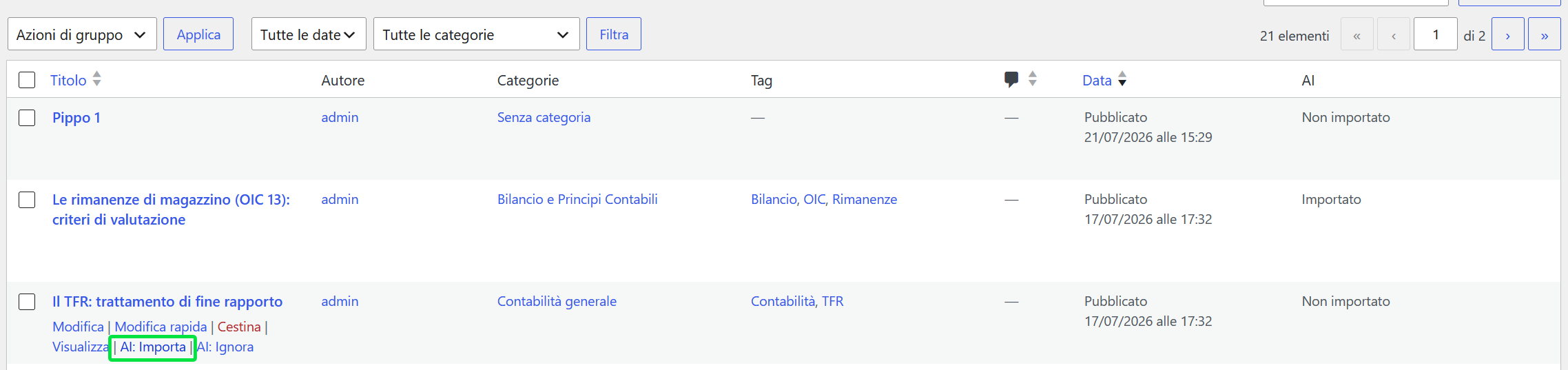 Stato di importazione AI nell’elenco articoli