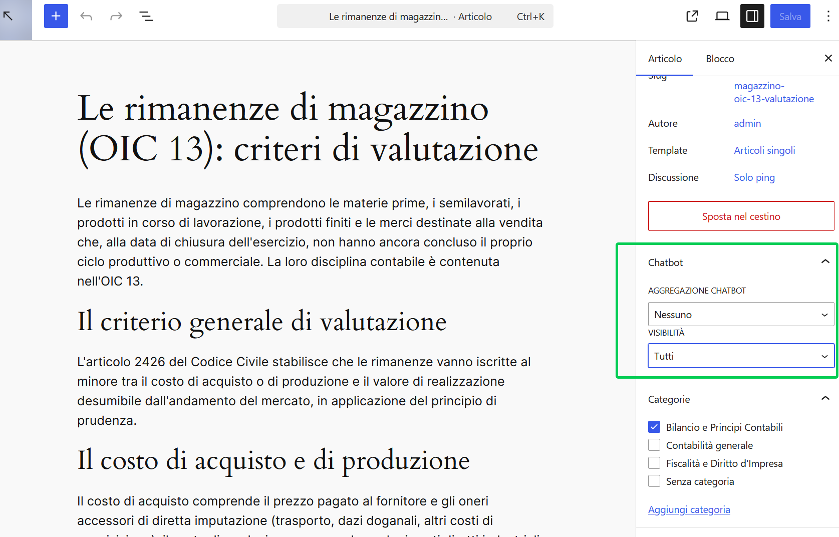 Pannello Chatbot nell’editor per la modalità Block