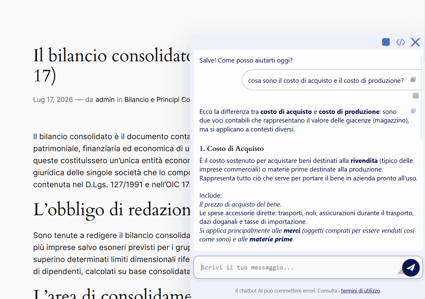 Chatbot AI integrato nel sito