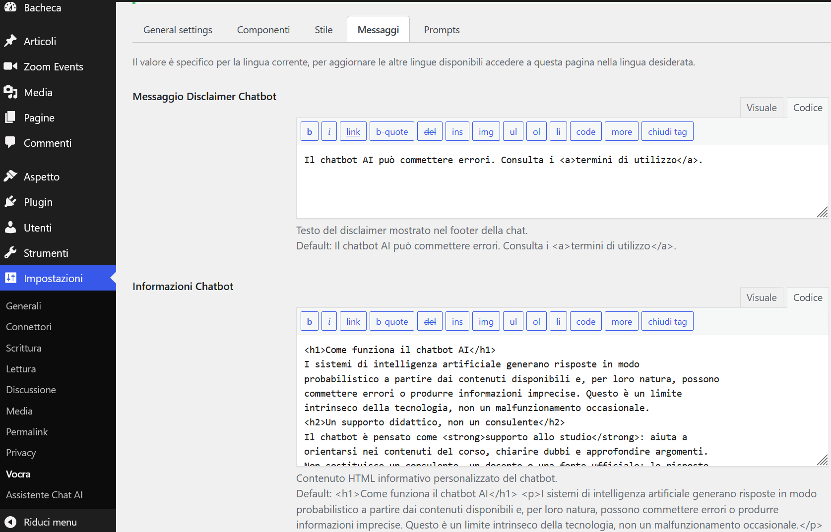 Personalizzazione dei messaggi del chatbot
