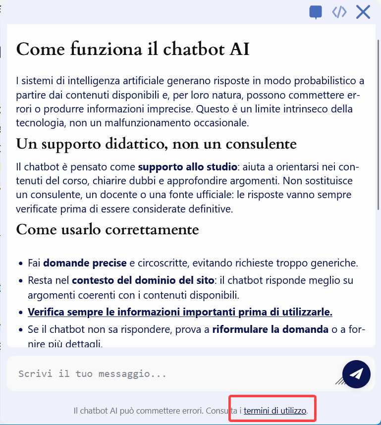 Termini di utilizzo mostrati nel chatbot